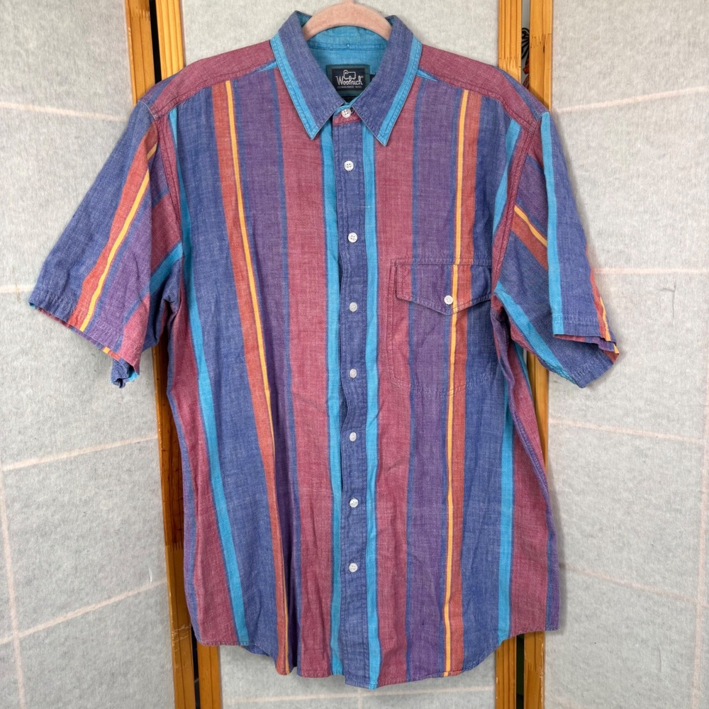 Woolrich Button Down Shirt Large Multicolor Striped Short Sleeve Cotton VTG Y2K